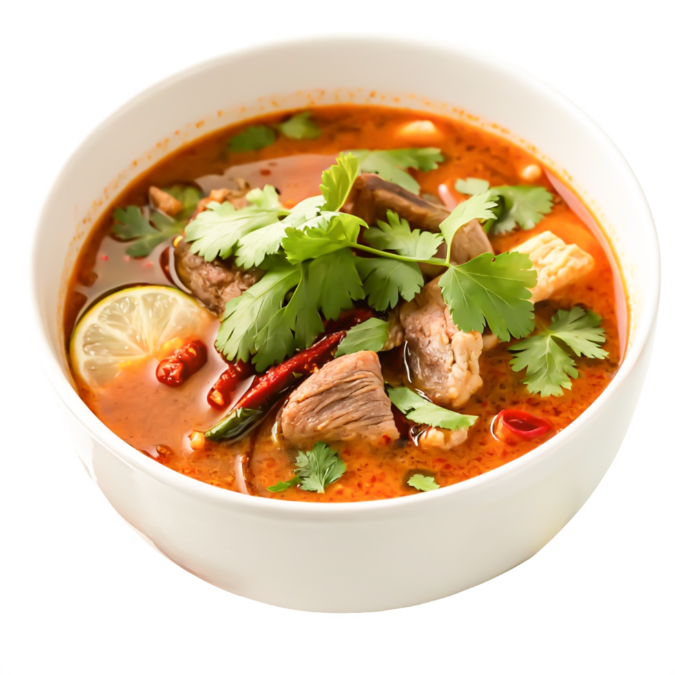 Delicious Spicy Tom Yum Soup with Beef, Cilantro, and Lime png