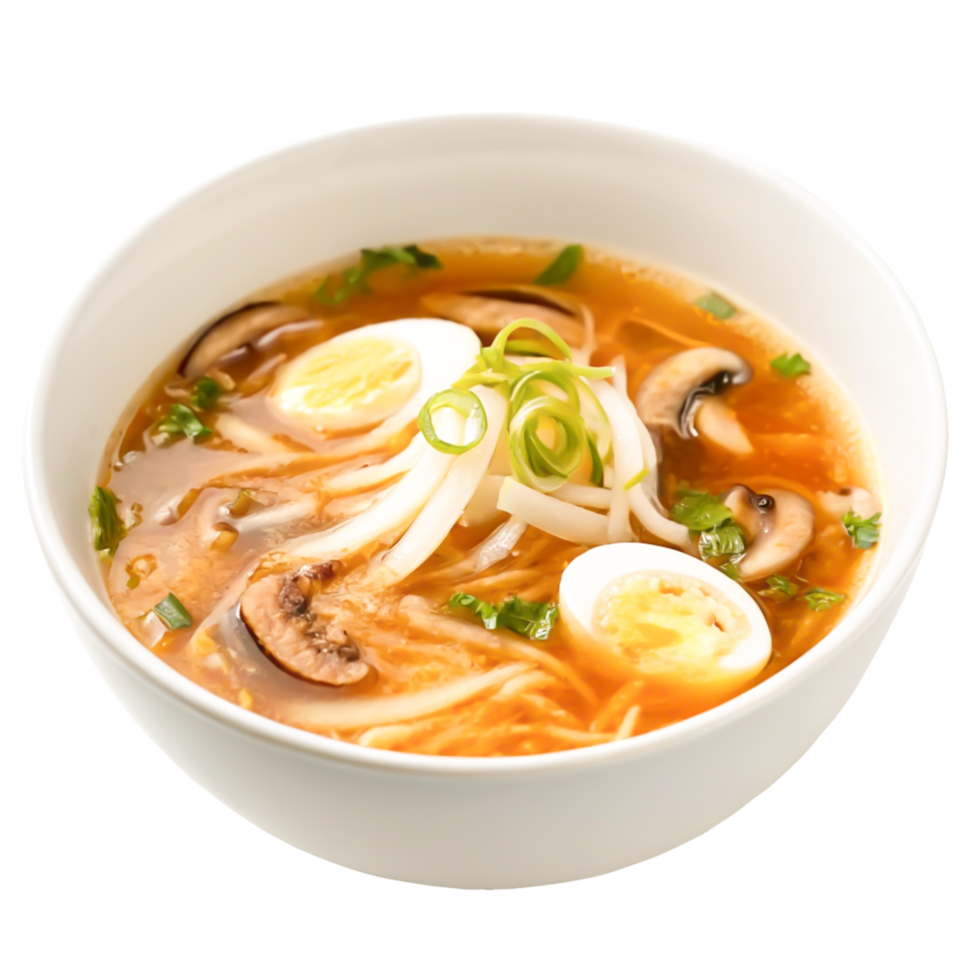 Delicious Asian Noodle Soup with Egg and Mushrooms in White Bowl png