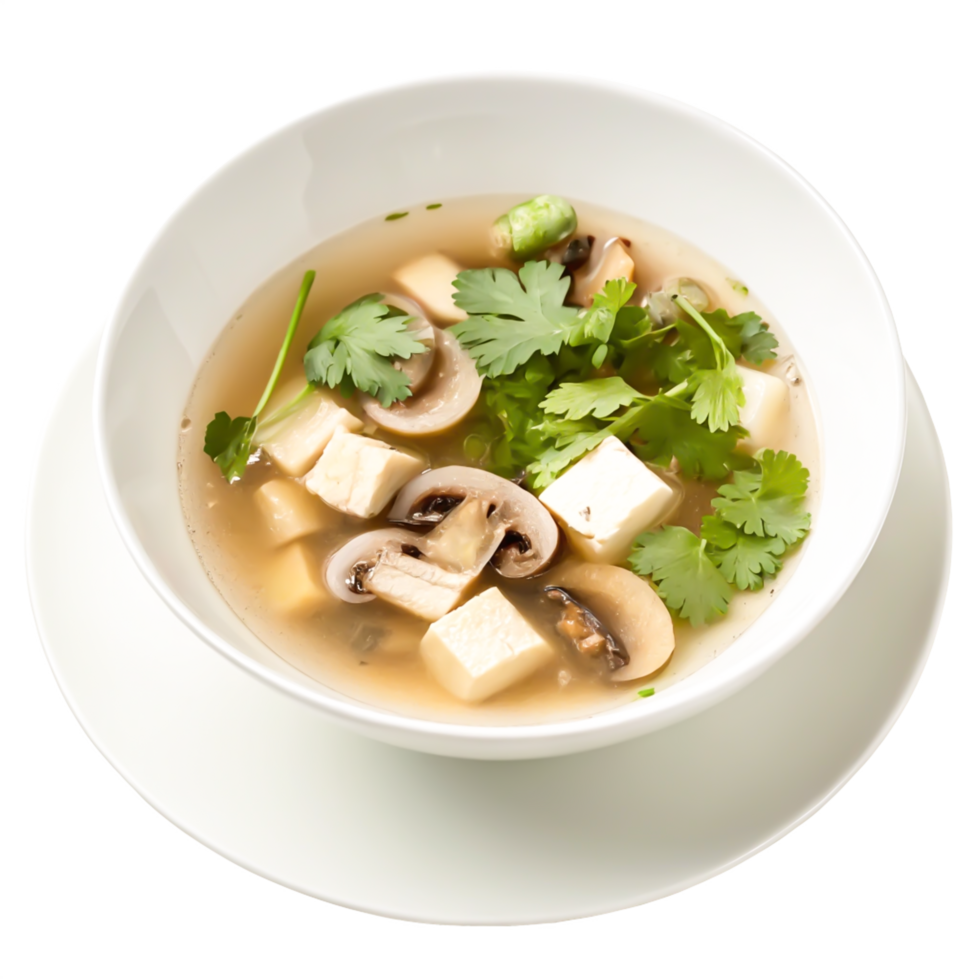 Delicious Asian Tofu and Mushroom Soup in White Bowl - Stock Photo png