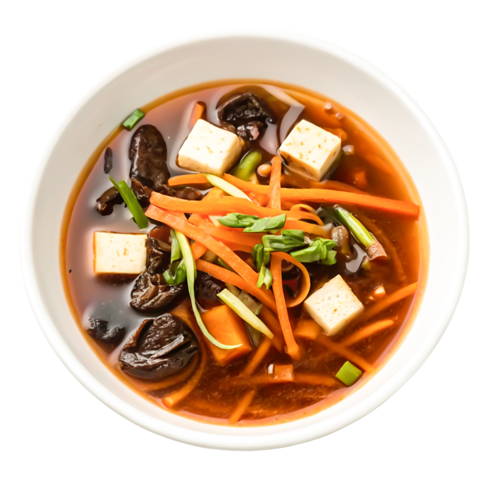 Delicious Miso Soup with Tofu, Carrots, and Mushrooms in White Bowl png