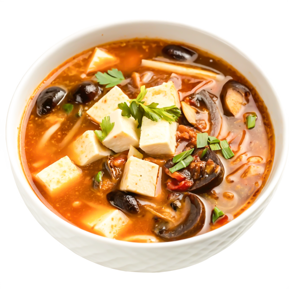 Delicious Hot and Sour Soup with Tofu and Mushrooms in a Bowl png