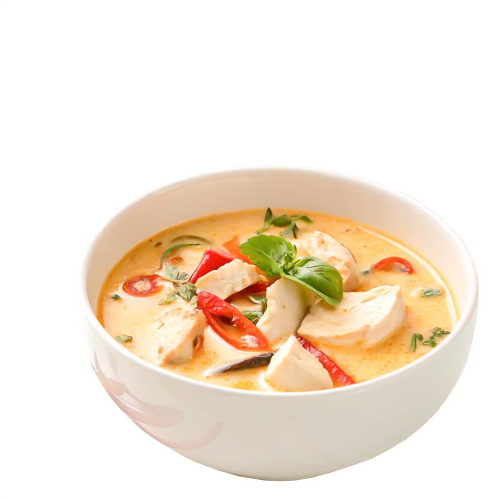 Delicious Creamy Thai Coconut Soup with Chicken and Peppers in White Bowl png