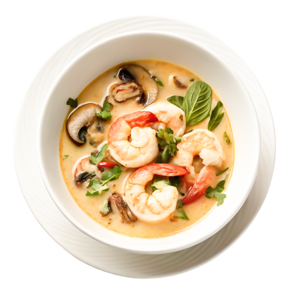 Delicious Creamy Tom Yum Soup with Shrimp and Mushrooms in White Bowl png