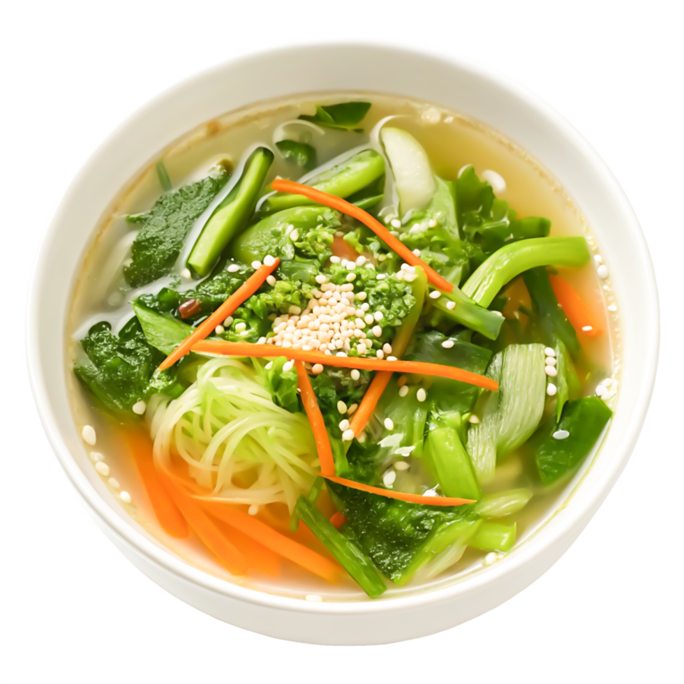 Delicious Asian Vegetable Noodle Soup in Bowl, Top View, Close Up png