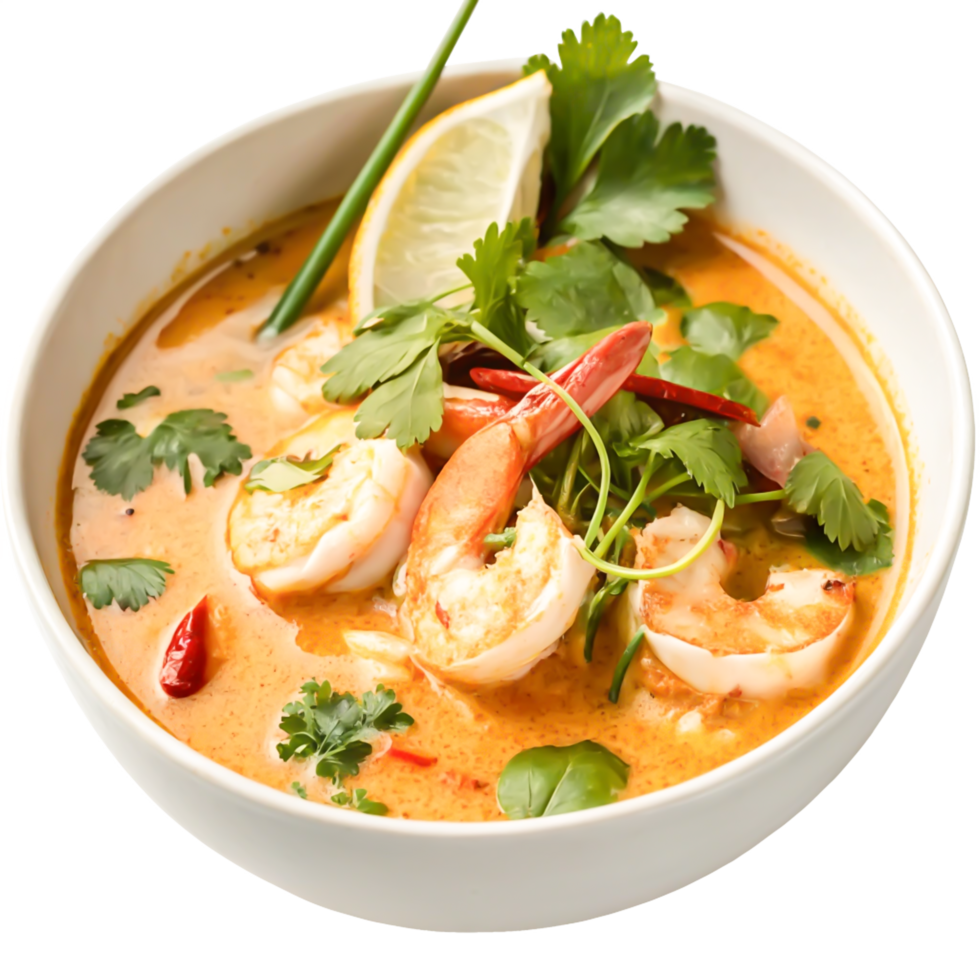 Delicious Tom Yum Goong Soup with Shrimp, Cilantro, and Lemon png
