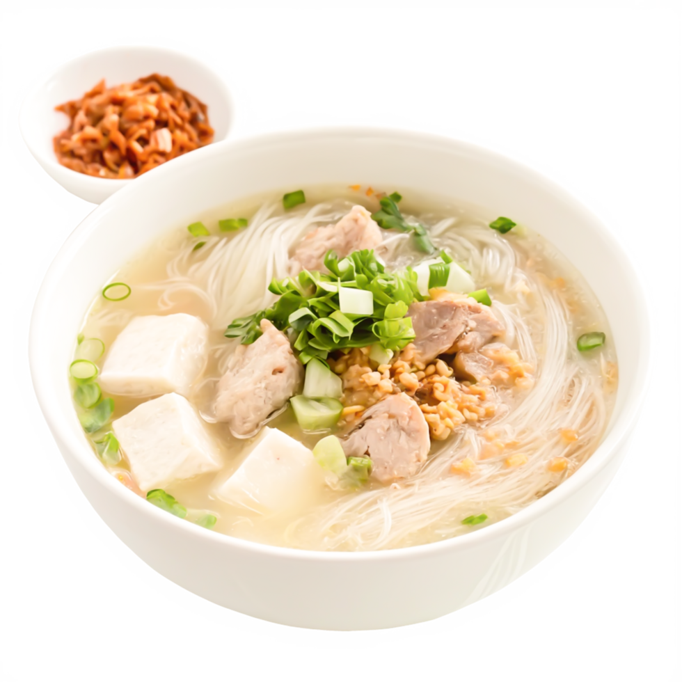 Delicious Asian Noodle Soup with Tofu, Pork, and Spring Onions in Bowl png