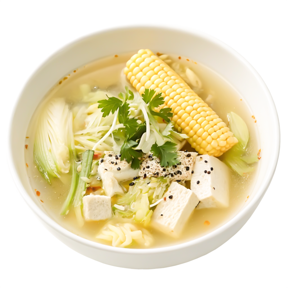 Delicious Asian Tofu Soup with Corn and Noodles - Healthy Food Photography png
