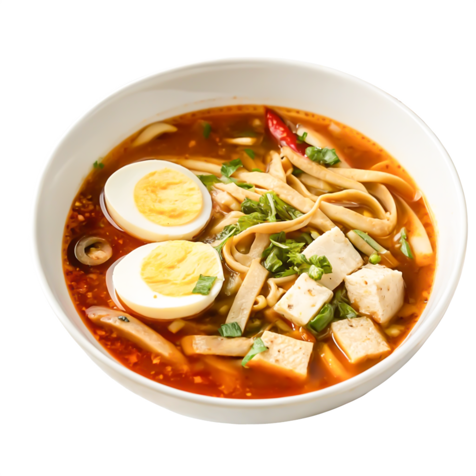 Delicious Spicy Asian Noodle Soup with Tofu, Egg, and Chili png