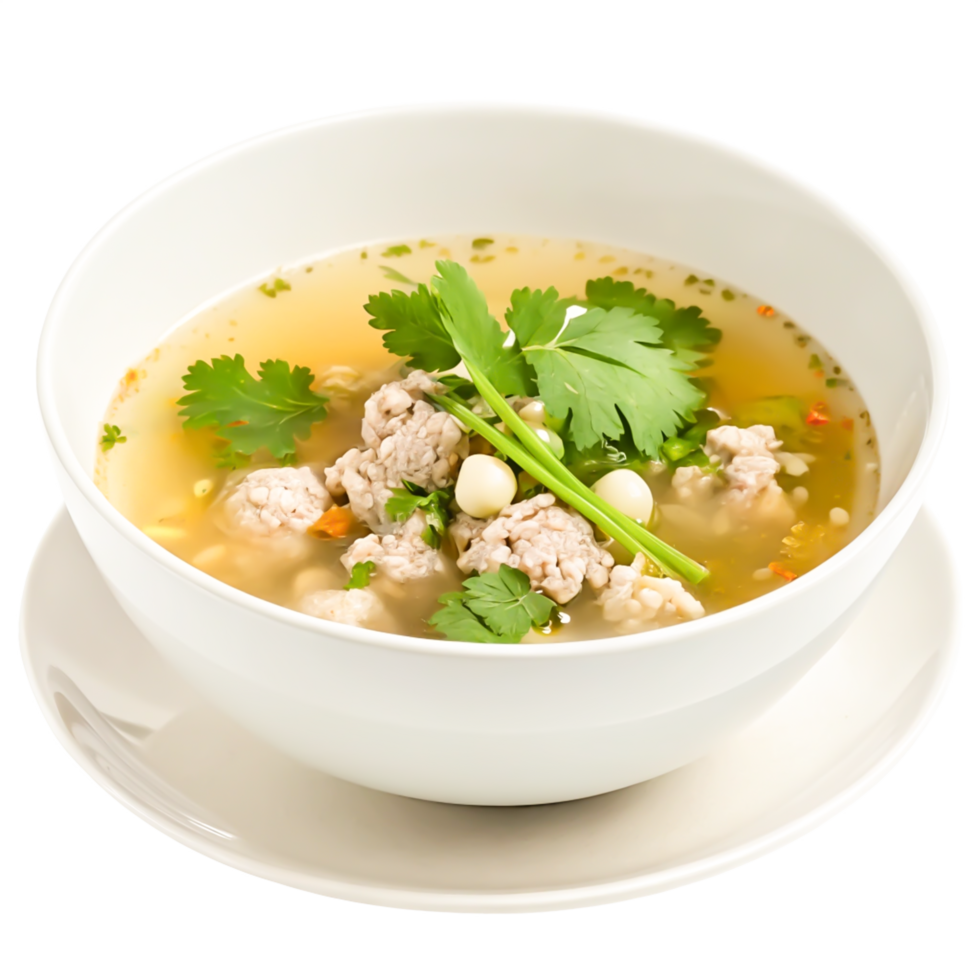 Delicious Thai Pork Ball Soup with Cilantro Garnish in White Bowl png