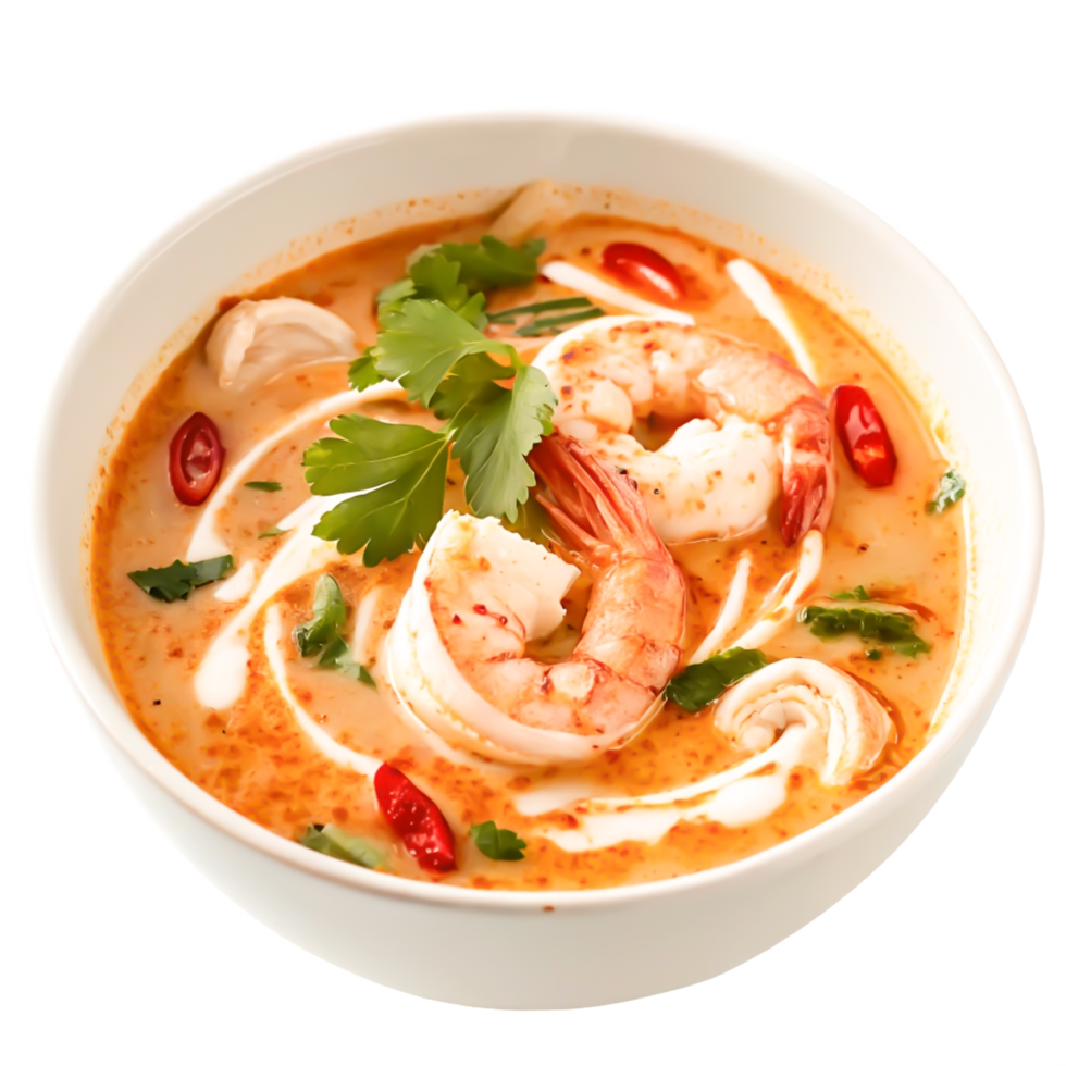 Delicious Creamy Tom Yum Soup with Shrimp, Cilantro, and Chili Peppers png