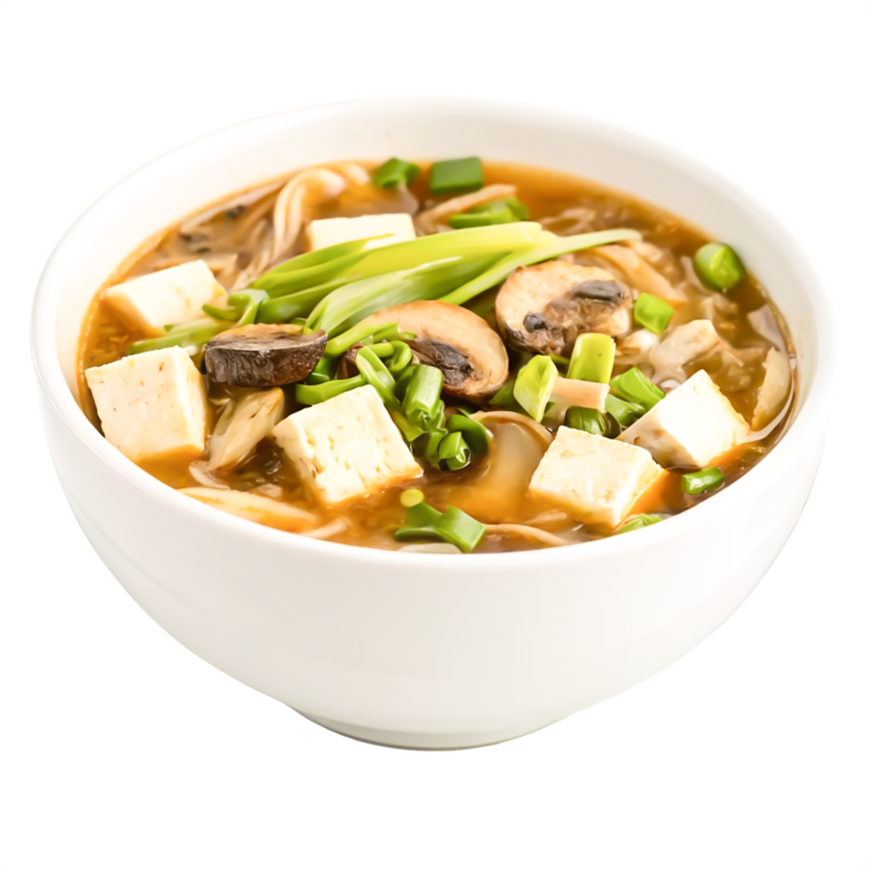 Delicious Miso Soup with Tofu, Mushrooms, and Noodles in White Bowl png