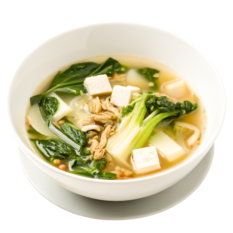 Delicious Asian Tofu Soup with Bok Choy and Spinach in White Bowl png