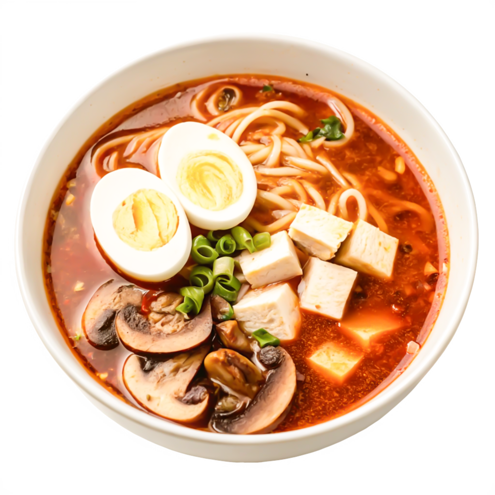 Delicious Spicy Ramen Soup with Tofu, Mushrooms, and Egg png