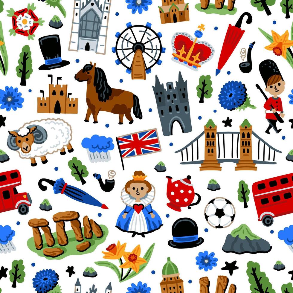 Bright cheerful children seamless pattern with symbols of the Great Britain. London. bus, Bridge. vector