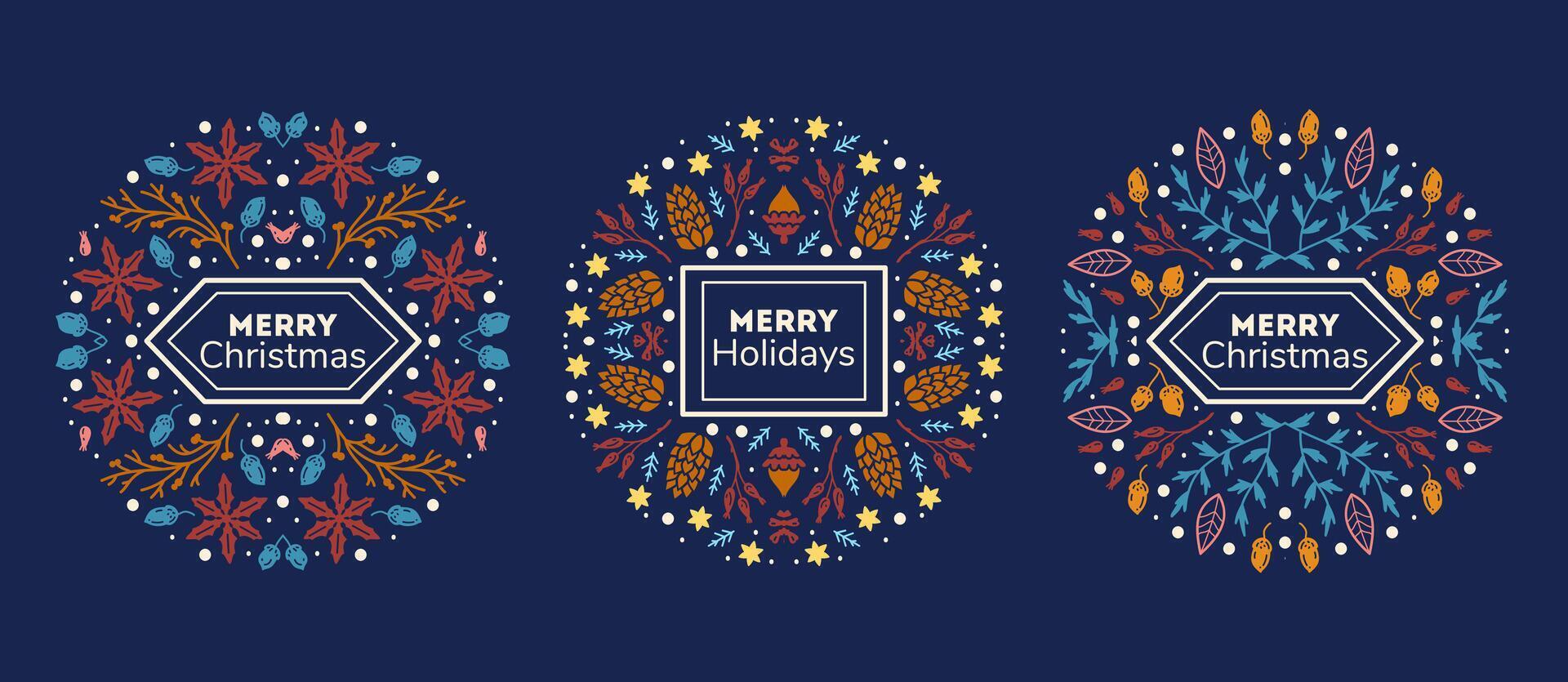 Set of Colored frame for packaging design with of branches, poinsettia flowers, cones, on dark background vector