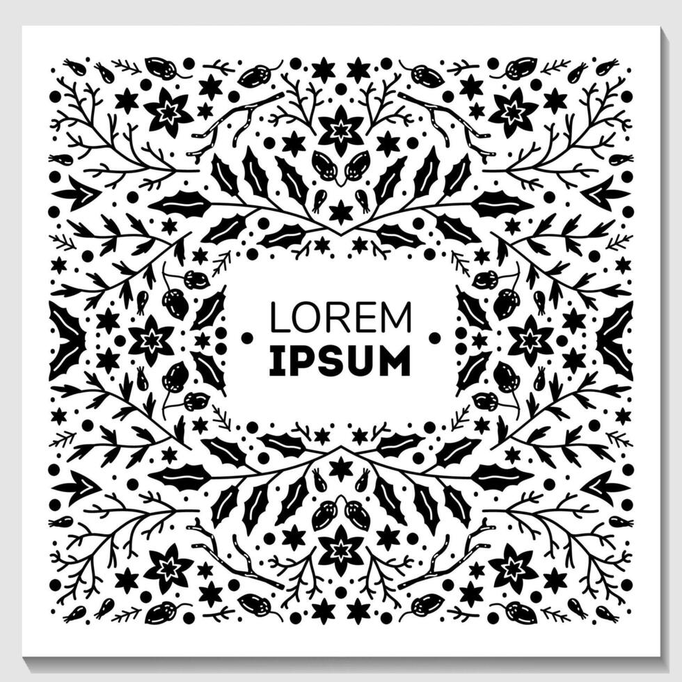 Black and white frame made of holly branches, pine cones vector