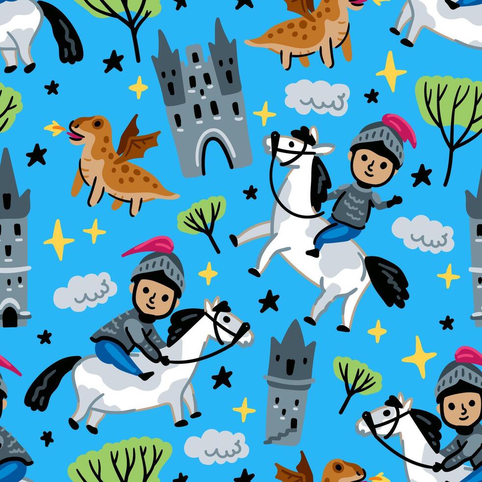 Bright children seamless pattern of fairy tale characters. Childish background of little knight cartoon with funny dragon and castle vector