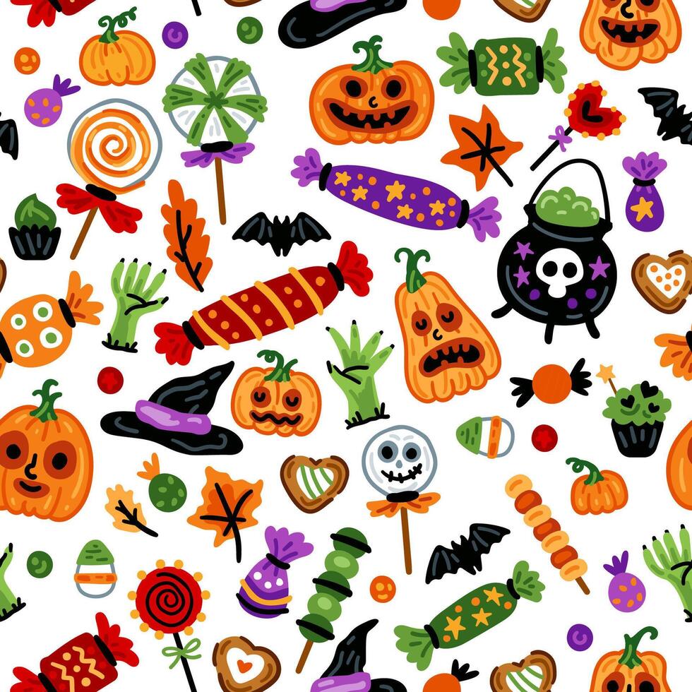 Seamless pattern of Halloween characters pumpkin and sweets with trick or treat candies. Many types spooky dessert. vector