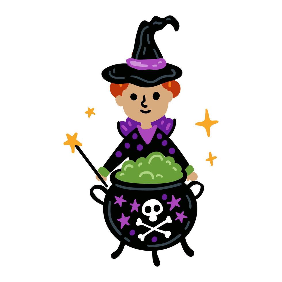 Funny witch character with potion cauldron in cartoon style. Halloween vector