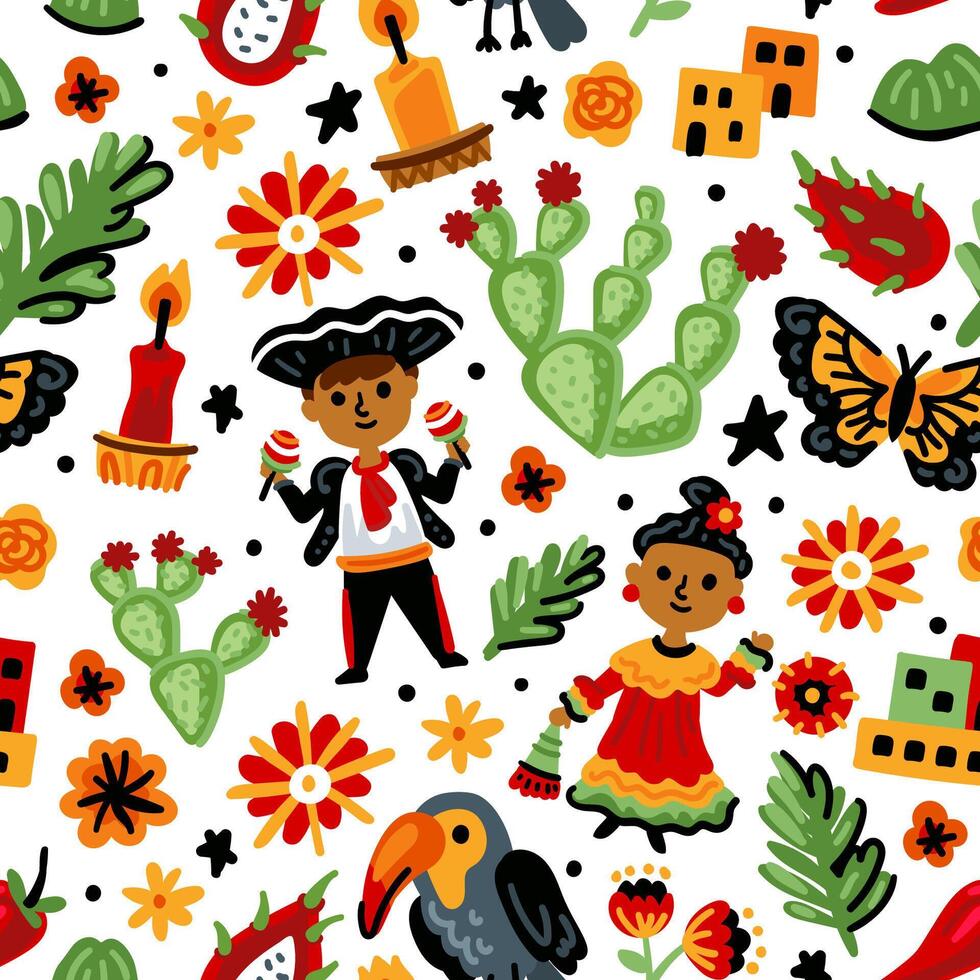 Bright children seamless pattern with symbols of Mexico. Mexican, toucan, national costumes, flowers. Latin America landmarks. Childish travel background vector