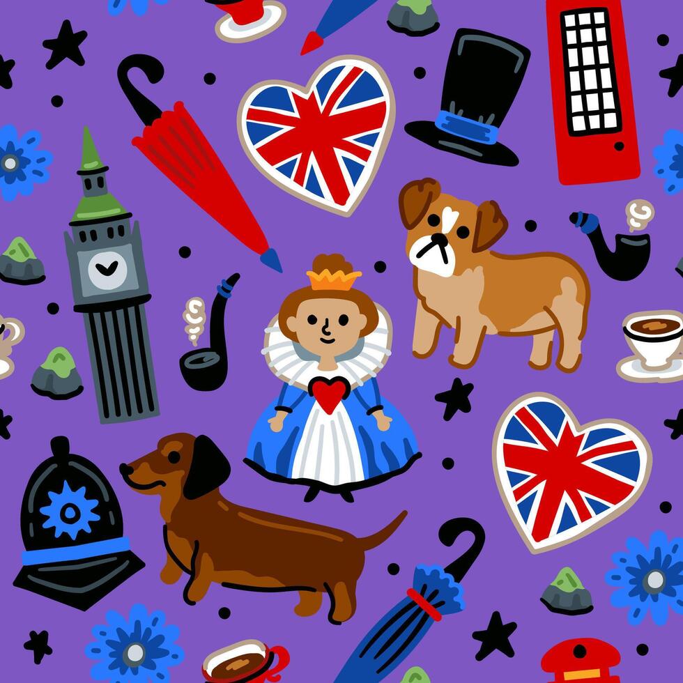 Bright children seamless pattern with symbols of Great Britain. Queen, telephone, tea vector