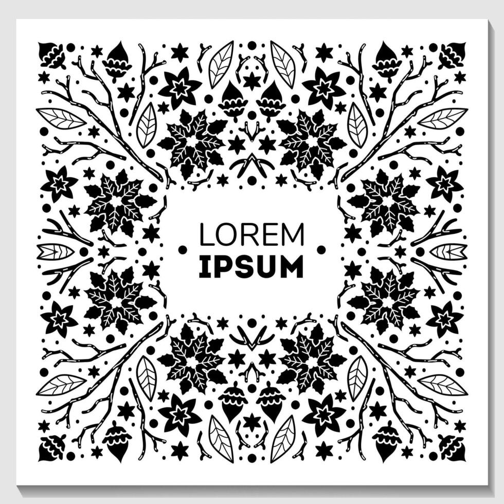 Black and white square frame made of branches, pine cones, leaves vector