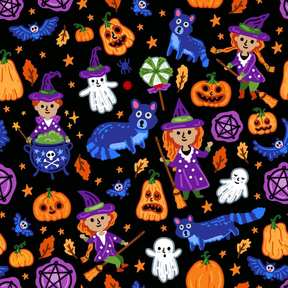 Halloween childish pumpkin background with symbols and characters seamless pattern. Children with funny and scary witch, cat and owl. Witch background with magical things vector