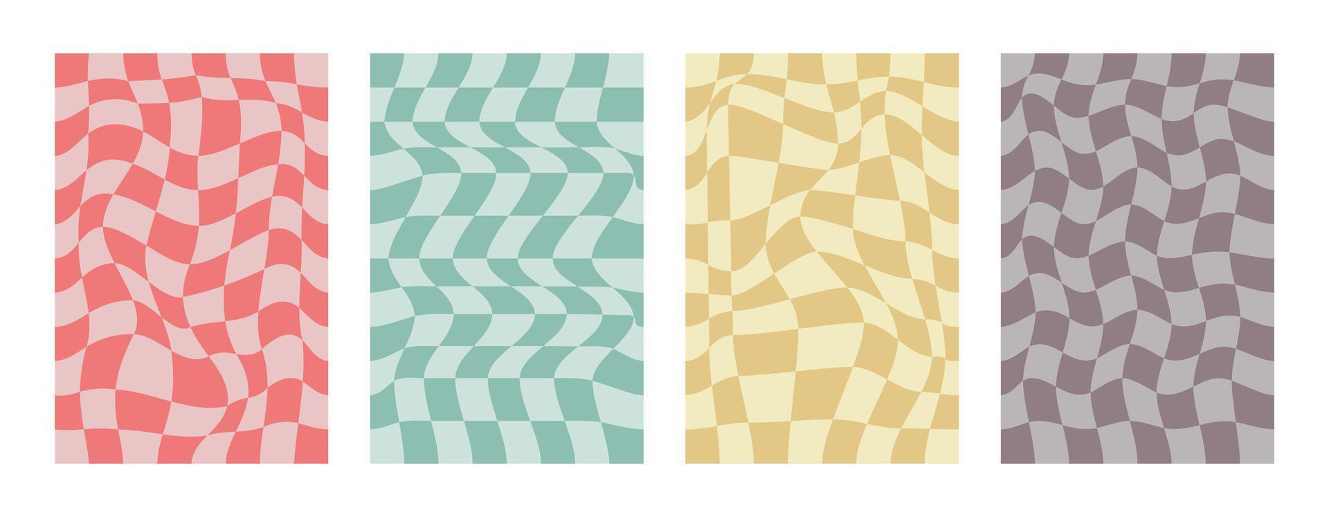 Retro distorted checked background. Old style groovy backdrops with distorted checkerboard. Groovy backgrounds set. Distorted checker. Hippie templates set. vector