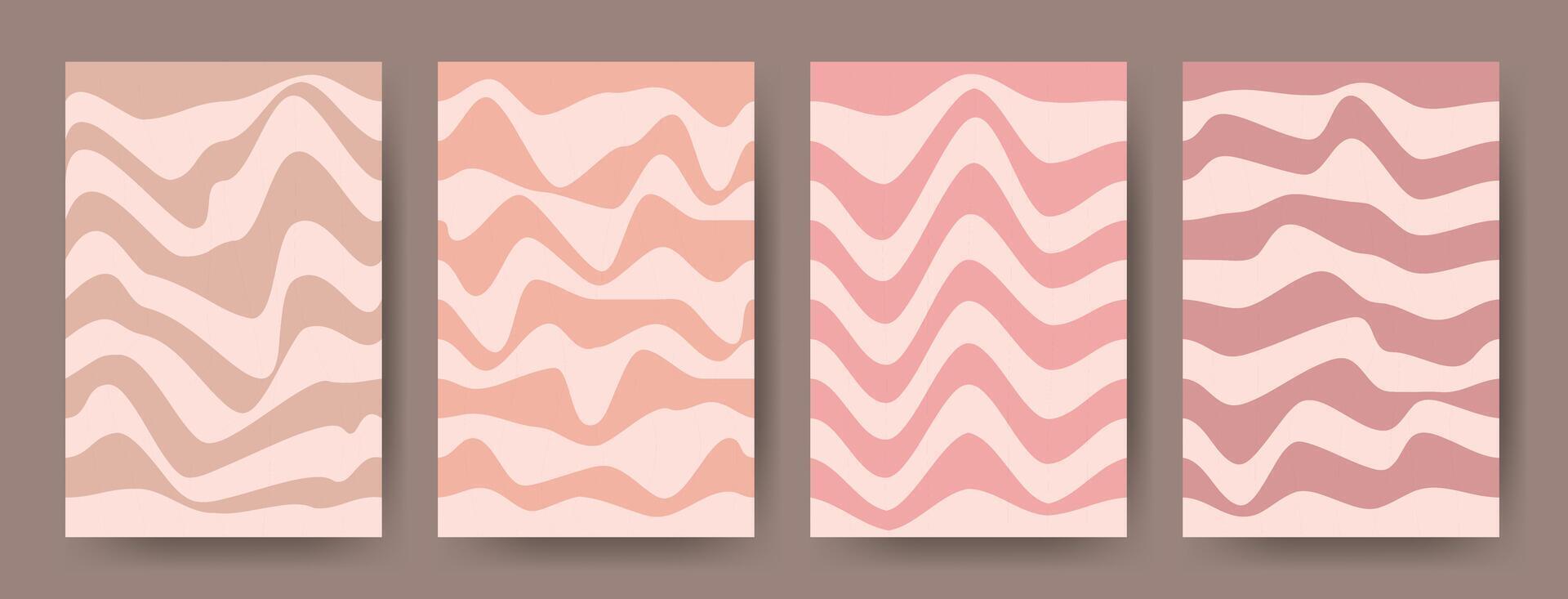 Striped posters templates collection. Groovy wave stripe set. Distorted stripes, fluid liquid wavy lines. Hippie backgrounds. vector