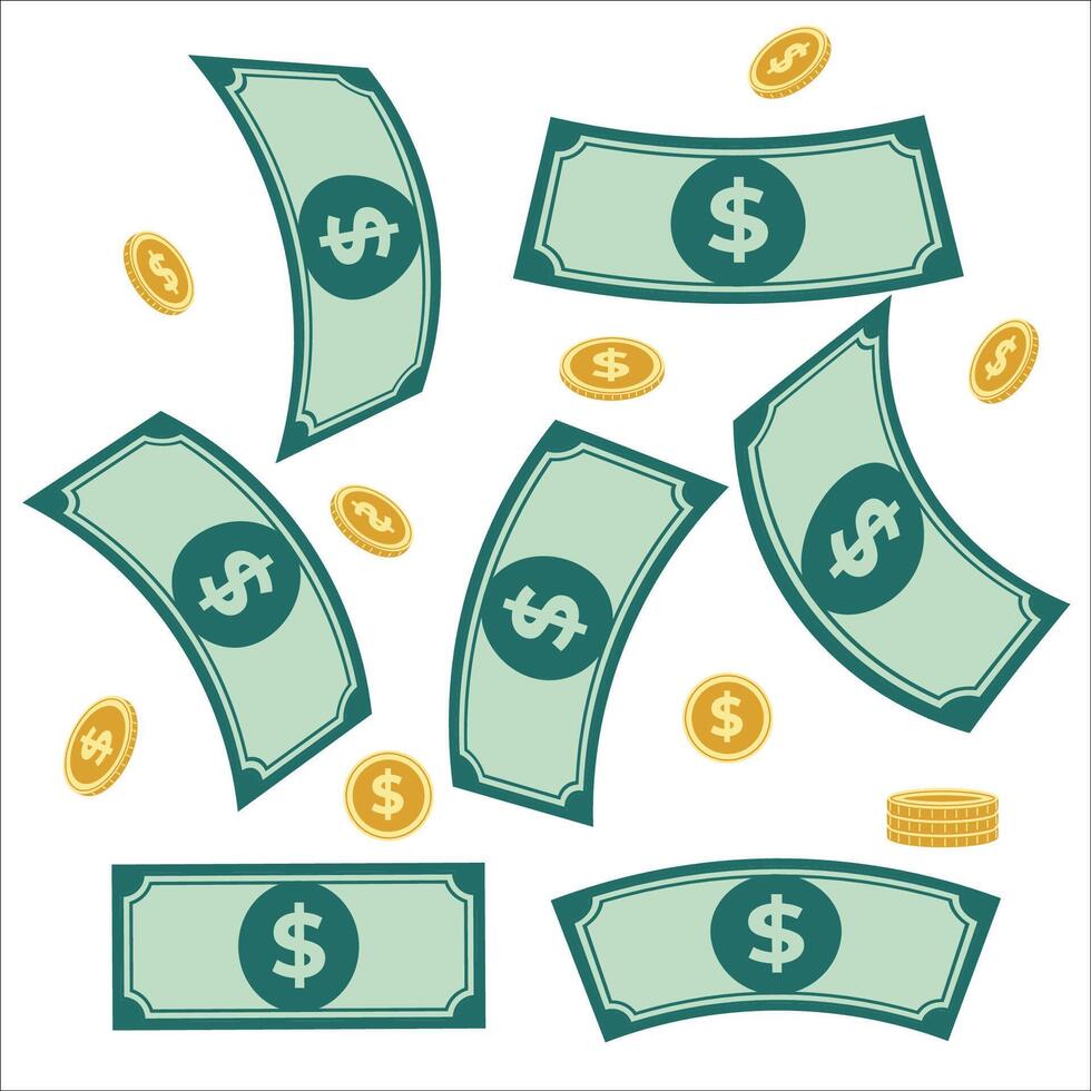 illustration of flying dollar bills and gold coins on a white background. Represents financial success, wealth, cash flow, and economic prosperity. Ideal for banking and business concepts. vector