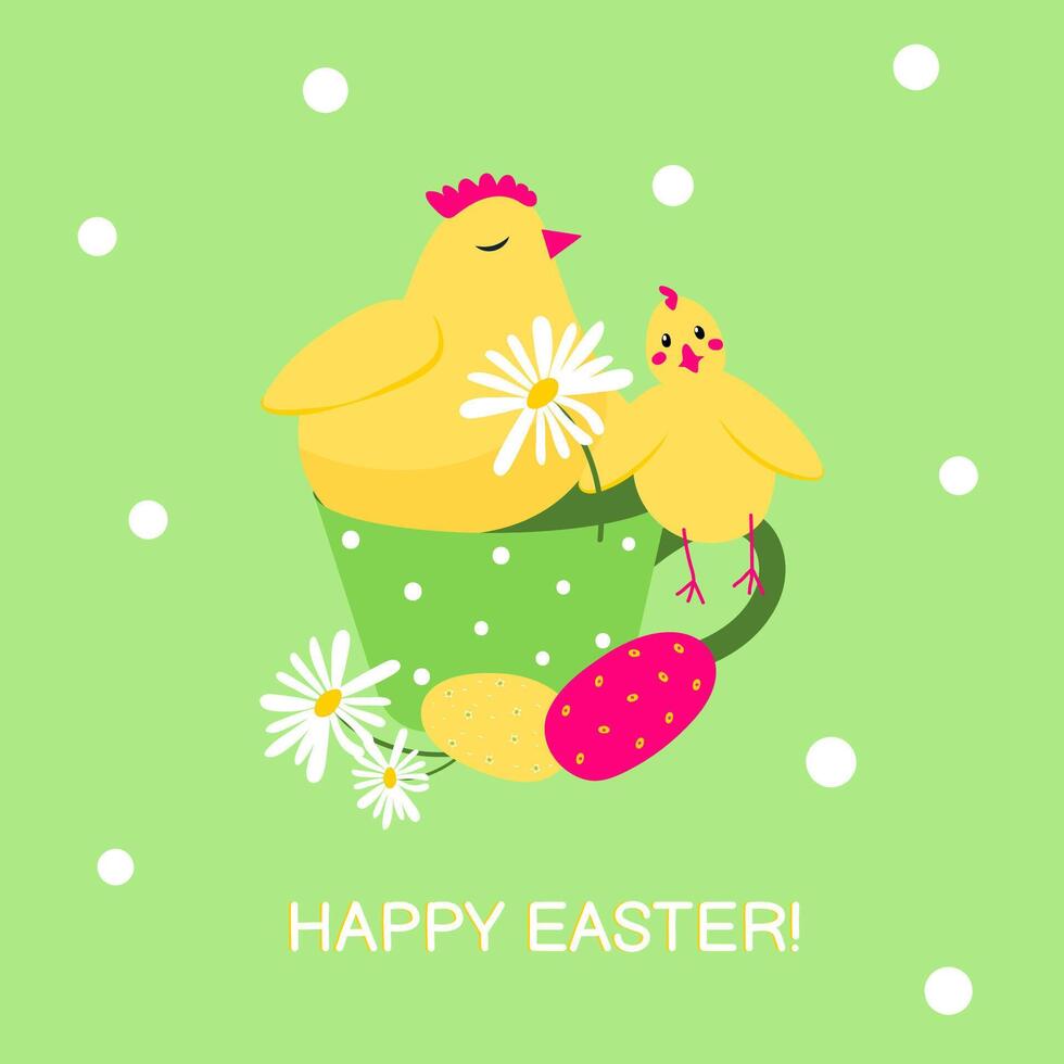 Spring card or poster illustration template with cute yellow chicken sitting in a cup with daisies and eggs. Happy Easter. Seasons greetings inscription. vector