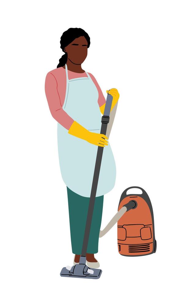 Black woman in apron is cleaning with a vacuum vector
