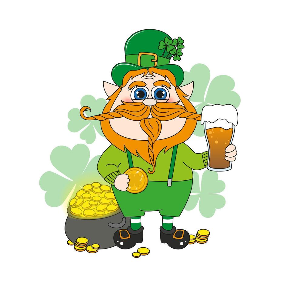 Cartoon leprechaun with beer and gold coin. St. Patrick's Day post card, decorative element. Shamrock luck symbol. vector