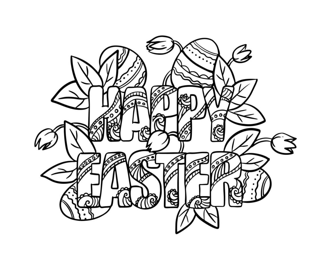 Easter doodle hand drawn illustration. Outline Easter congratulation banner, postcard with eggs and spring flower. Coloring book page. vector