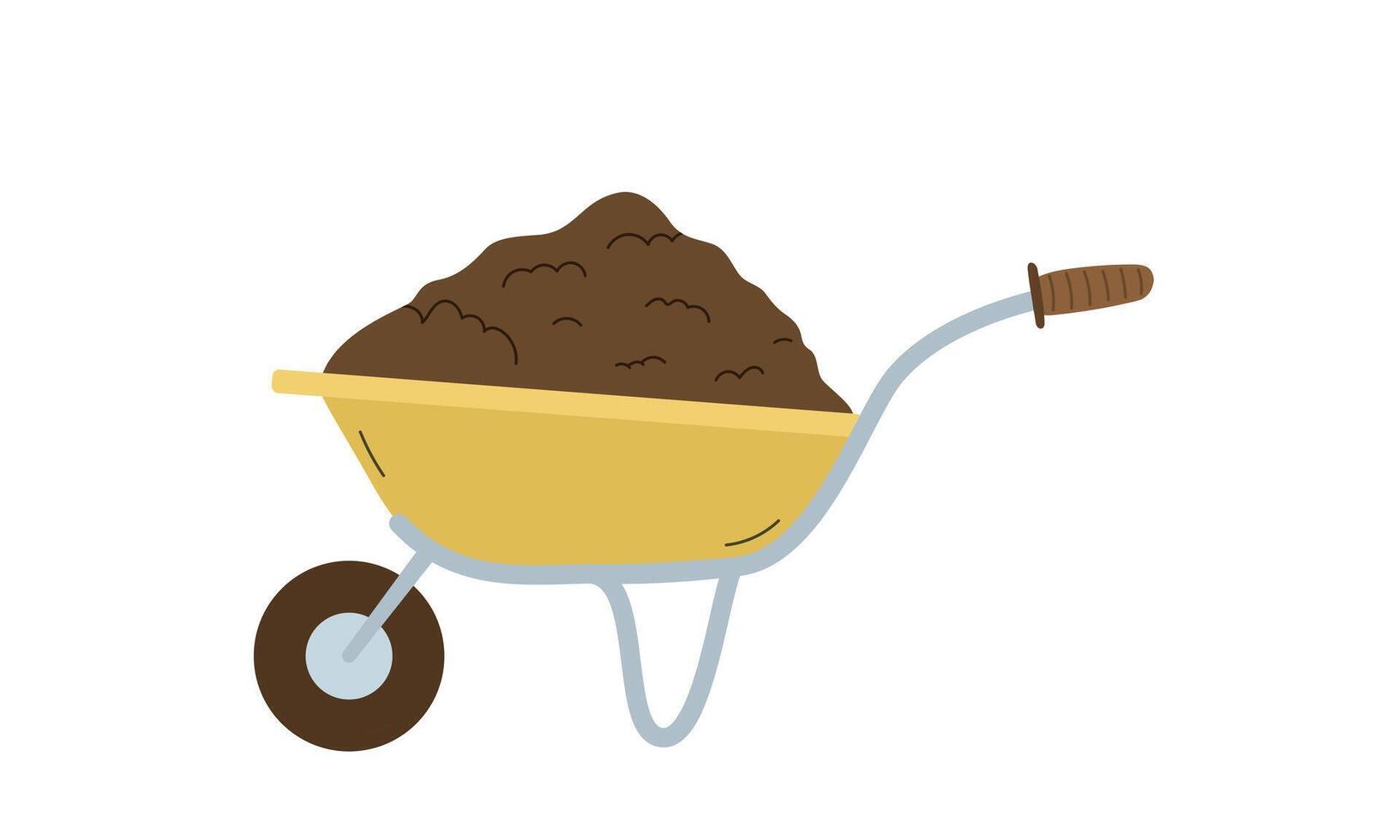 Yellow Wheelbarrow with dirt or soil illustration in flat style. Agriculture cartoon farm icon. Isolated on a white background. vector