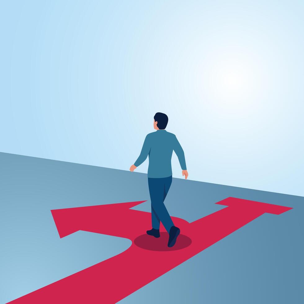 A man turns from a dead end in front of him. An illustration of transformation, innovation and change for the better. vector