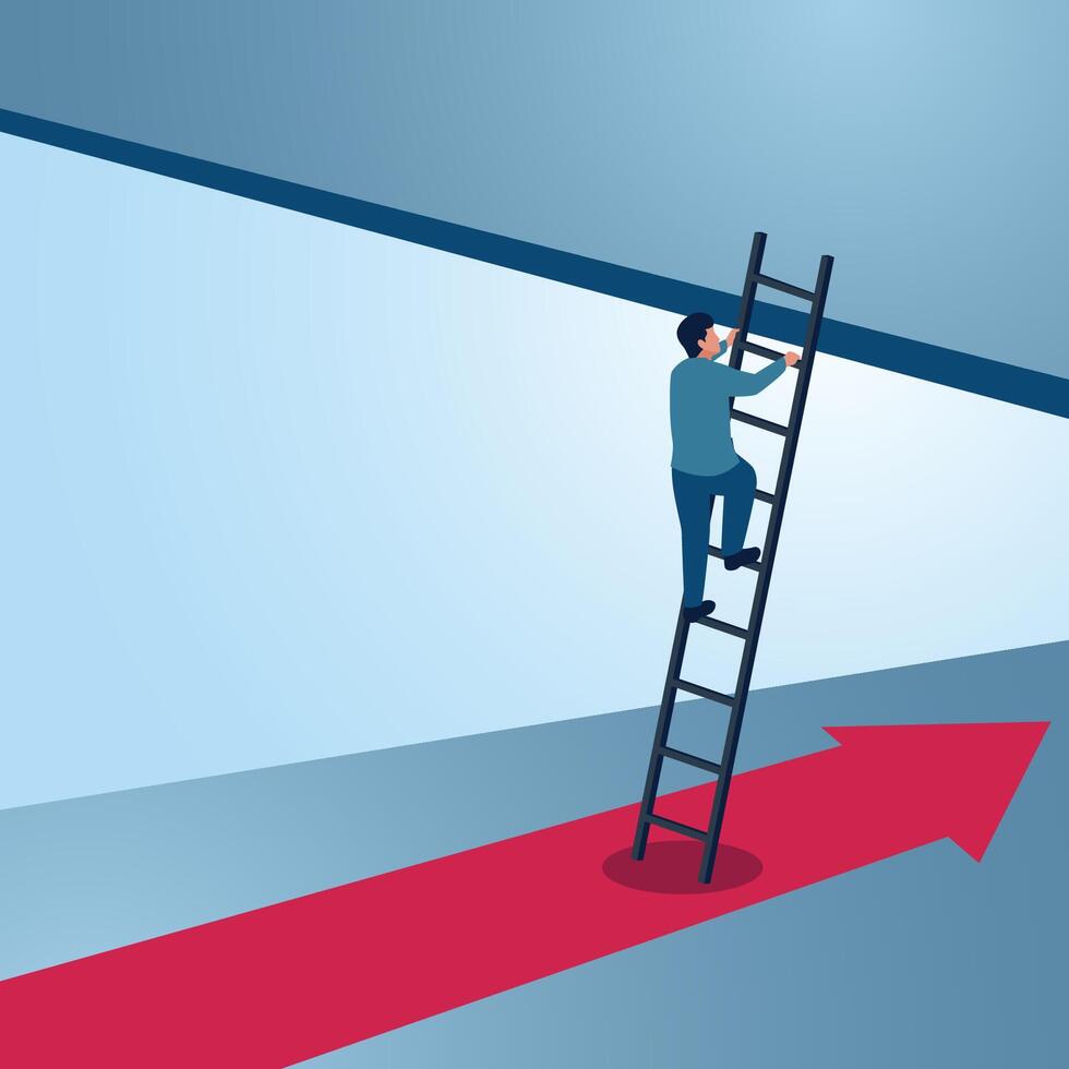 A man climbs the stairs to the upper level from the street below. An illustration of transformation, innovation and change for the better. vector