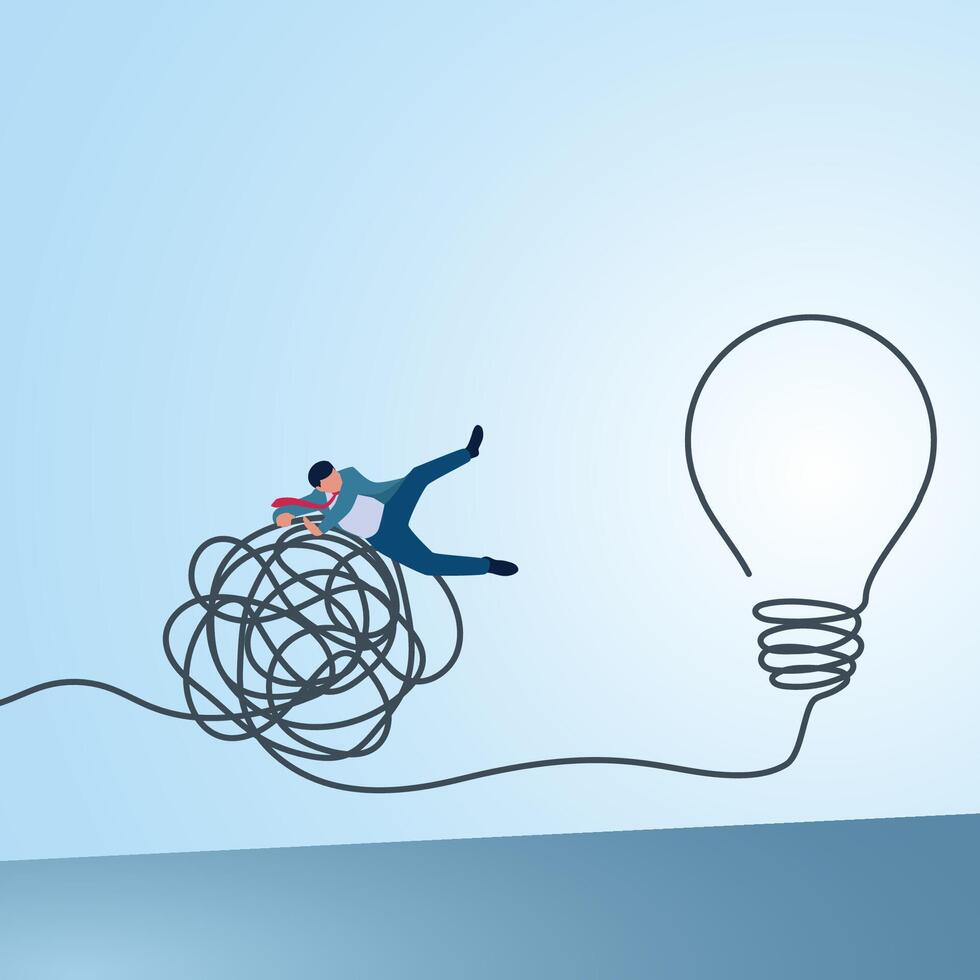 A man jumps over a tangled rope towards an idea lamp. An illustration of transformation, innovation and change for the better. vector