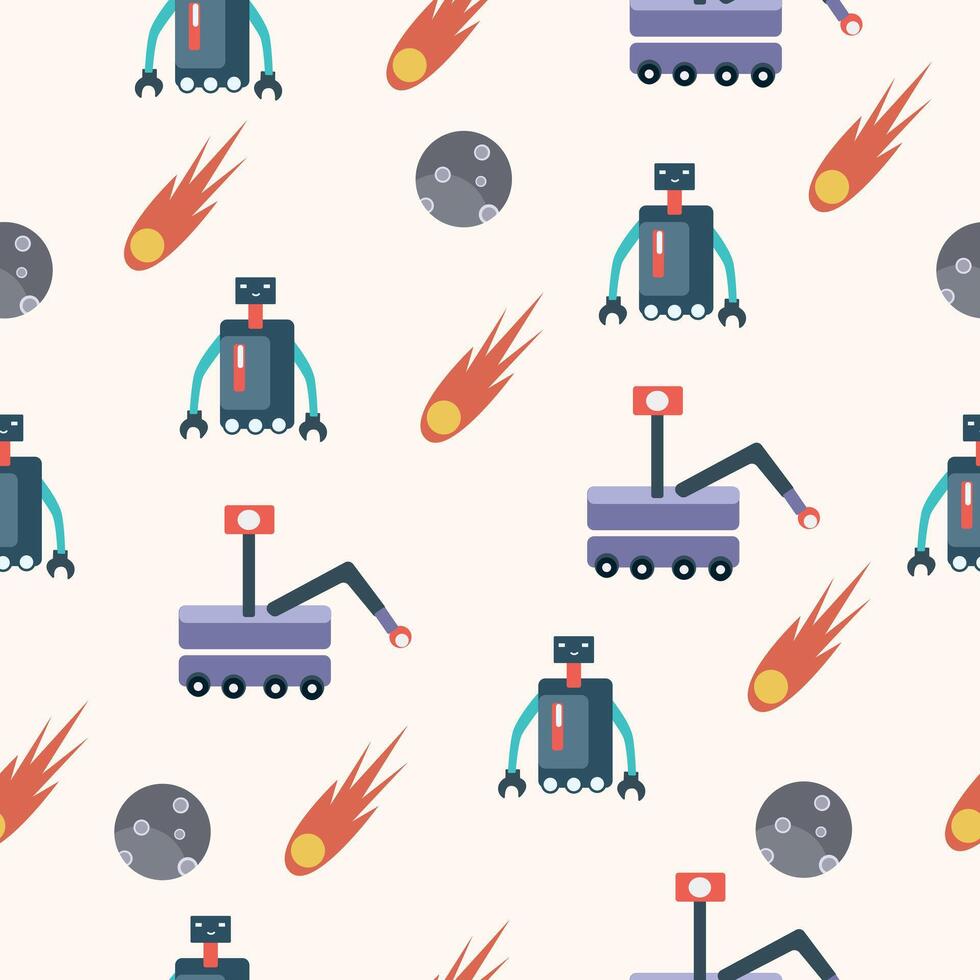 Seamless pattern featuring robots, meteors, and moon elements in a futuristic and space-themed design vector