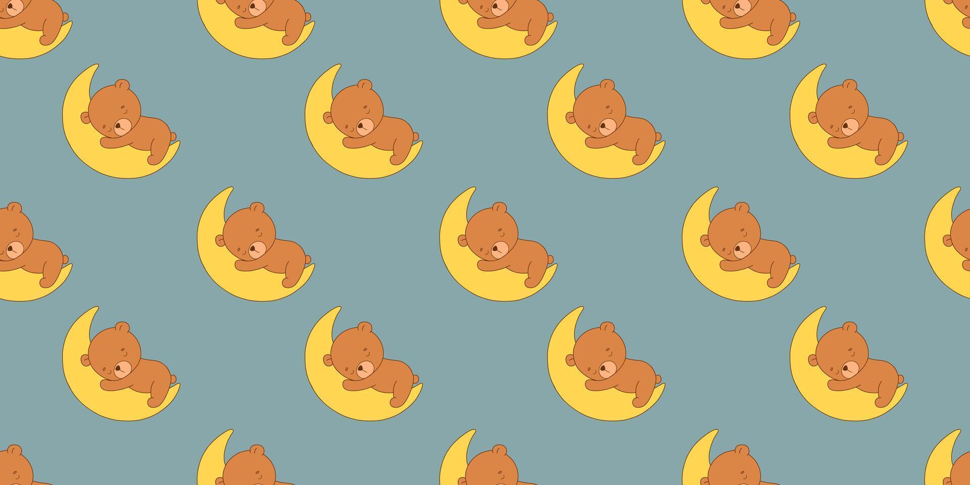 Seamless pattern with baby bear on moon, illustration. Woodland animal repeating design vector
