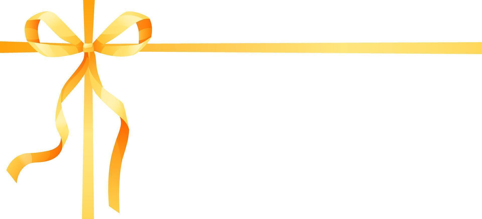 knotted bow made of gold, yellow ribbon. The bow is placed in the corner of a rectangular format. Ribbon for wedding invitations, certificates, gift boxes, with space for text on a white background vector