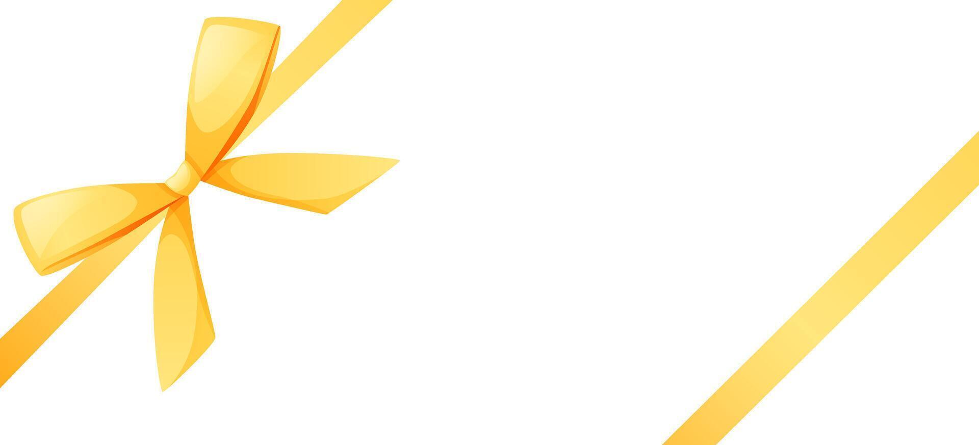 knotted bow made of gold, yellow ribbon. The bow is placed in the corner of a rectangular format. Ribbon for wedding invitations, certificates, gift boxes, with space for text on a white background. vector