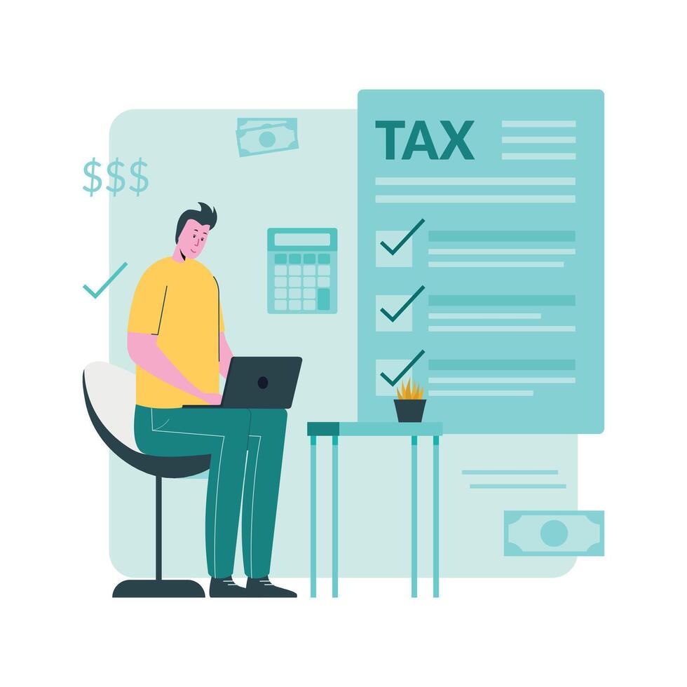 A man is sitting at a desk with a laptop and a tax form vector