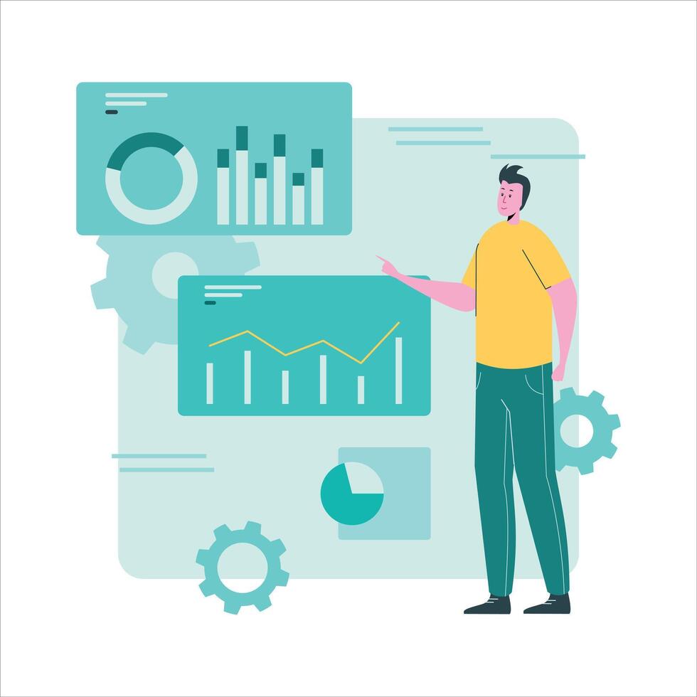 Man presenting graphs and charts on a white background vector