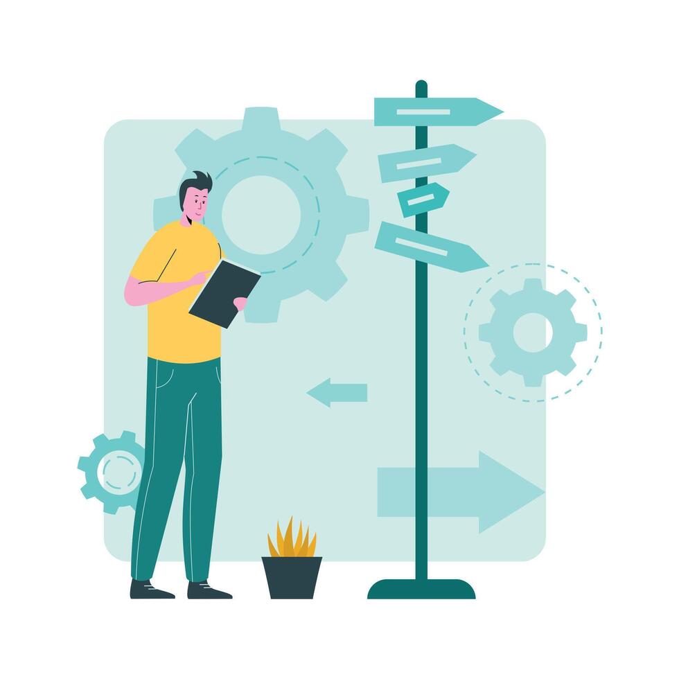 Man standing next to a sign pointing to different directions vector