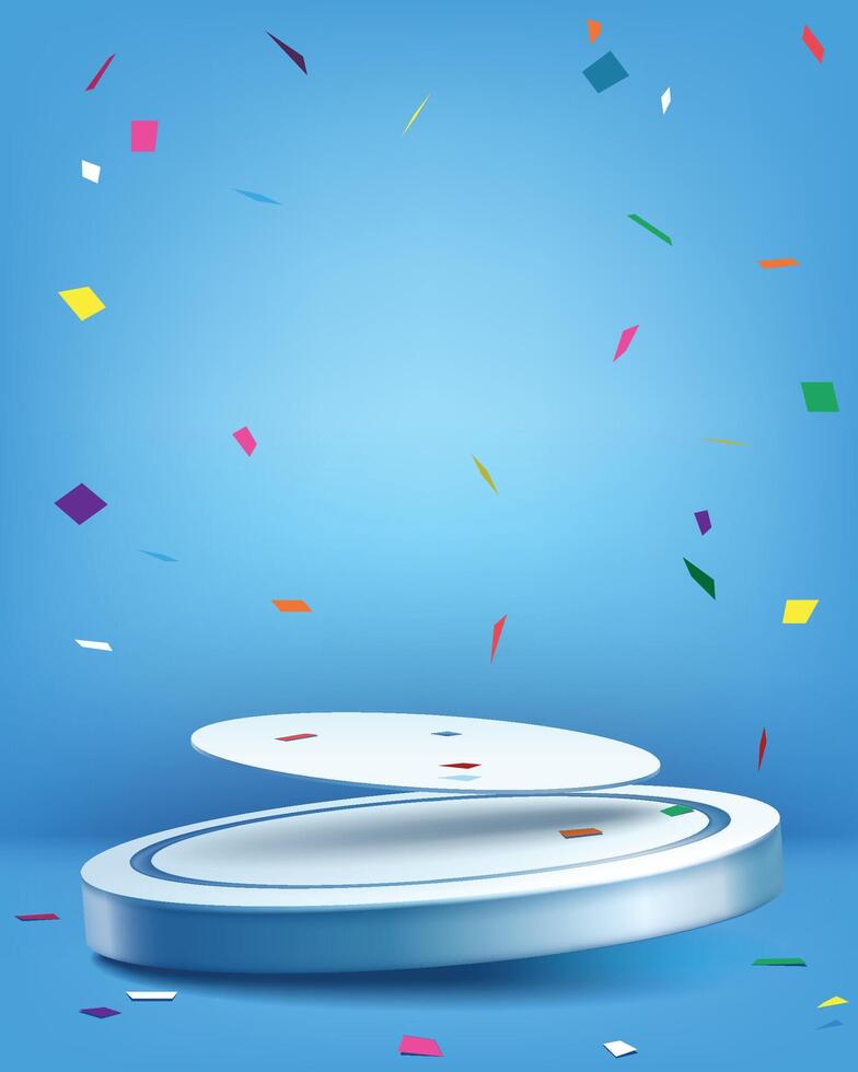3d product presentation podium background on blue vibrant color and colorful confetti falling vector