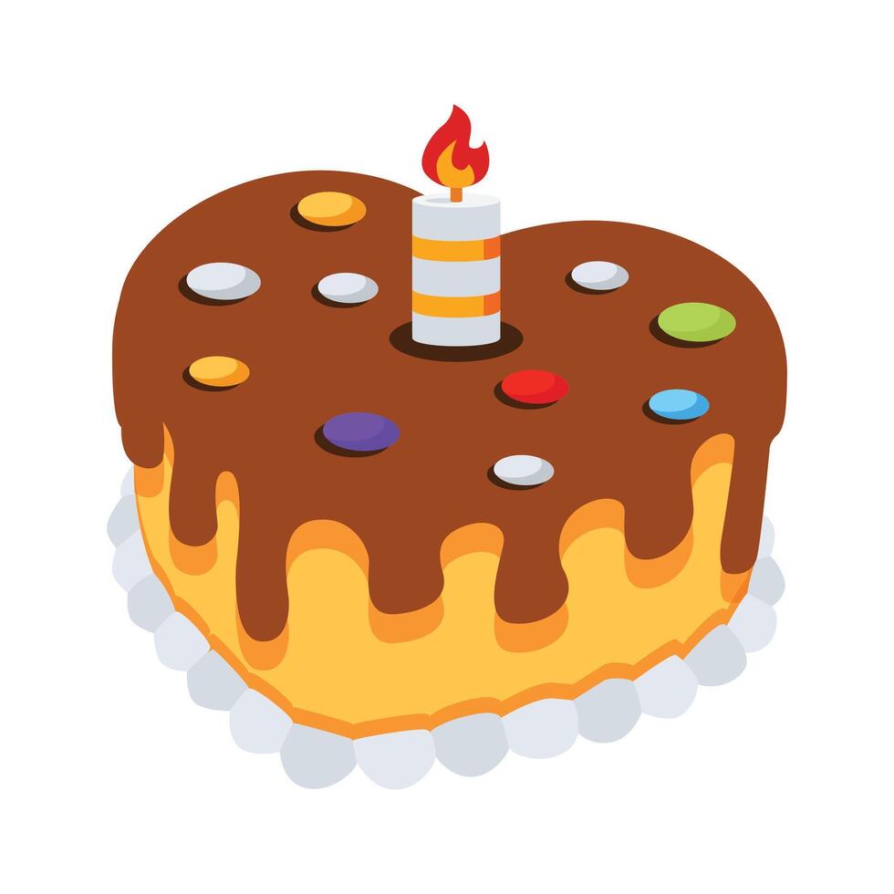 Heart cake with a burning candle on it, 3d style icon vector