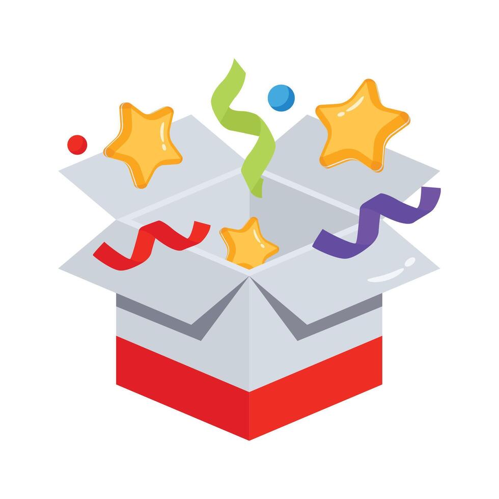 An editable 3d style icon of open birthday surprise box vector