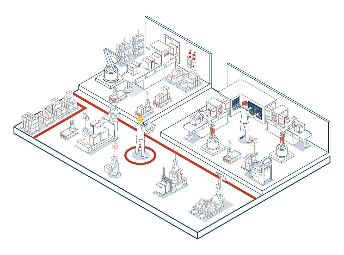 Automated Warehouse and Transport Operations using AGVs Automated Guided Vehicles and AMRs Autonomous Mobile Robots. vector