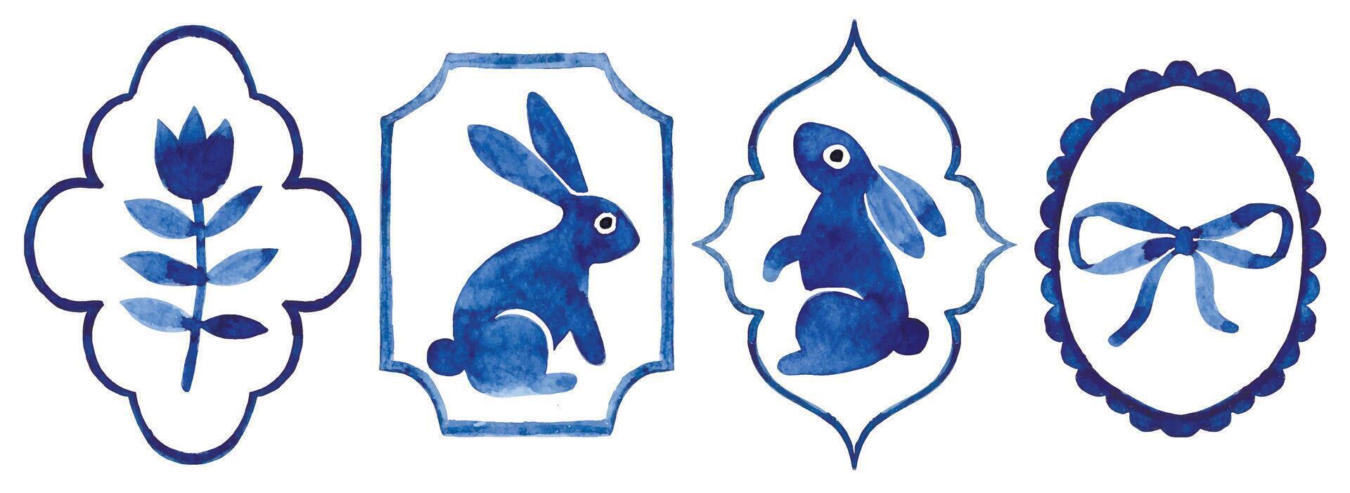 easter set of blue frames with bunnies and bows, elegant watercolor illustration. vector